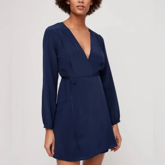 Aritzia Wilfred Silk Diane Wrap Mini Dress Long Sleeve Navy Blue Size Small - Picture 1 of 9